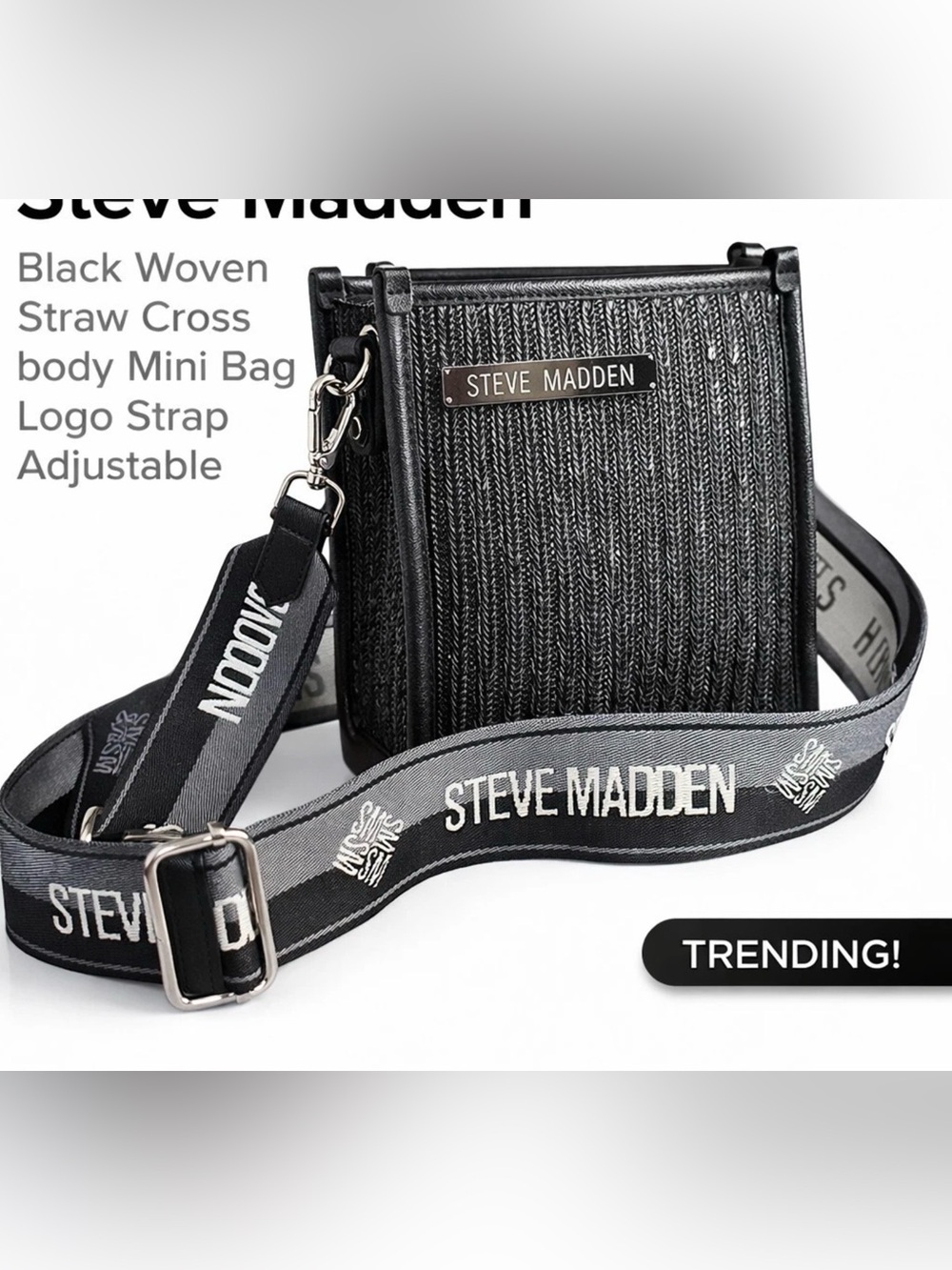 Steve Madden Black Woven Crossbody Bag with Logo Strap